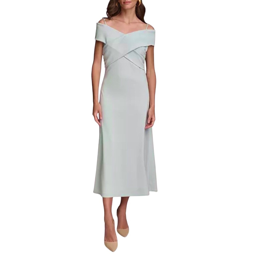 Donna Karan Off The Shoulder Dress Crossover Midi Seafoam Green Crepe Size 14